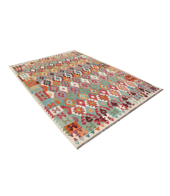 Handgeweven Afghaanse Kelim Vloerkleed – 289x205 cm – Kleurrijk Tribal Patroon