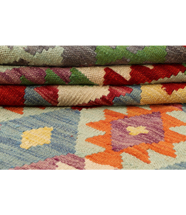 Handgeweven Afghaanse Kelim Vloerkleed – 297x203 cm – Tribal Diamantpatroon