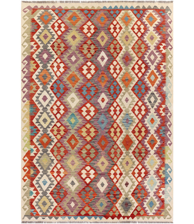 Handwoven Afghan Kilim Rug  – 299x204 cm – Colorful Tribal Diamond Design