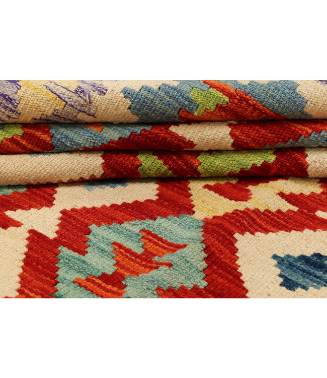 Handwoven Afghan Kilim Rug – 313x202 cm – Multicolour Geometric Tribal Design