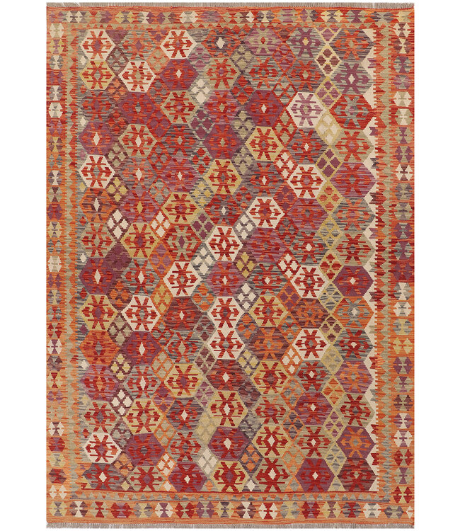 Handwoven Afghan Kilim Rug – 293x209 cm – Red & Multicolor Tribal Pattern