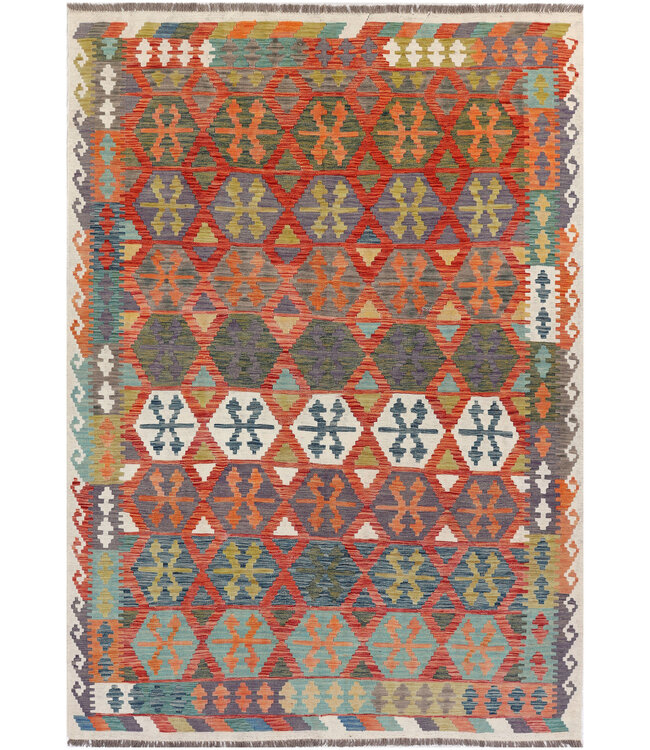 Handgeweven Afghaanse Kelim Vloerkleed  – 295x205 cm – Tribal X-Motief