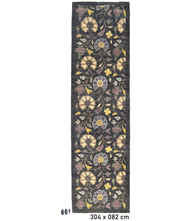 Donkergrijs Bloemen Modern Tapijt - 304 x 82 cm