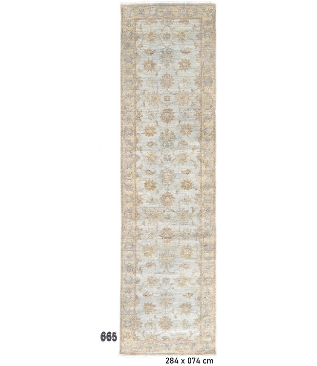 Handgeknoopt Lichtblauw Ziegler Loper Tapijt van Wol – Klassiek Bloemenmotief – 284 x 74 cm