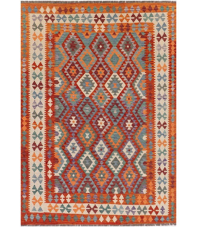 Handwoven Afghan Kilim Rug – 300x206 cm – Traditional Tribal Diamond Design