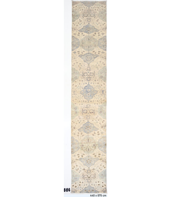 Hand-Knotted Beige and Light Blue Ziegler Runner Rug – Wool Oriental Floral Design – 440 x 75 cm