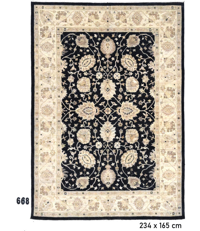 Schwarz-beiger Ziegler 668 – Handgeknüpfter Wollteppich 234 x 165 cm