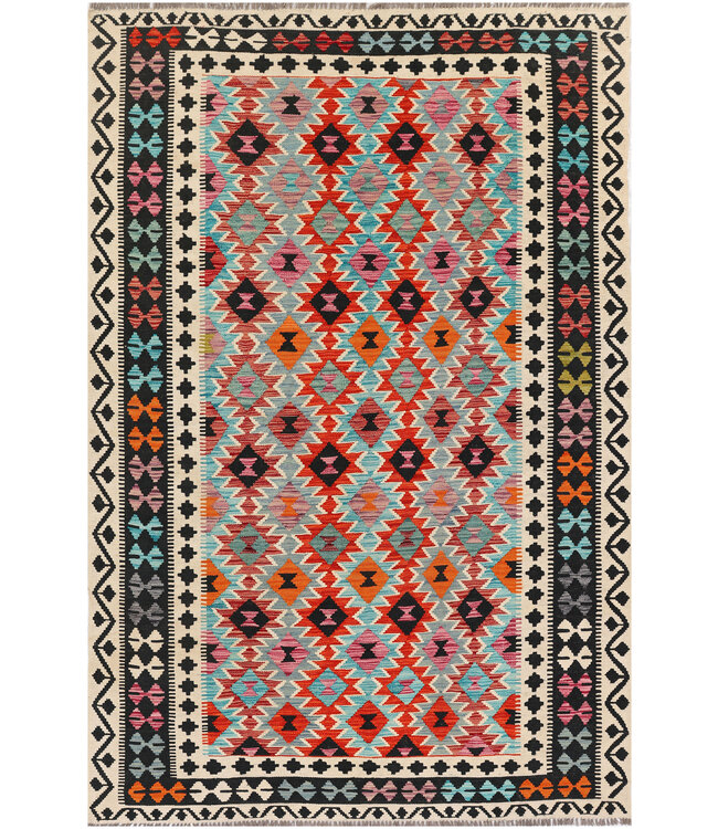 Handgeweven Afghaanse Kilim Vloerkleed – 297x198 cm – Veelkleurig Diamant Tribal Design