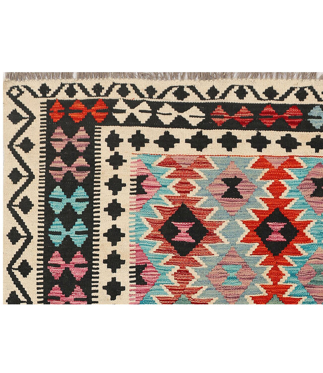 Handwoven Afghan Kilim Rug – 297x198 cm – Multicolour Diamond Tribal Design