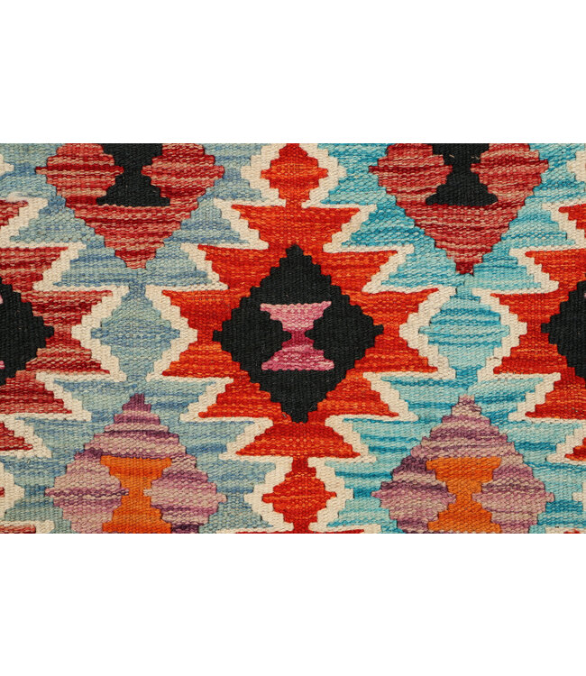 Handwoven Afghan Kilim Rug – 297x198 cm – Multicolour Diamond Tribal Design