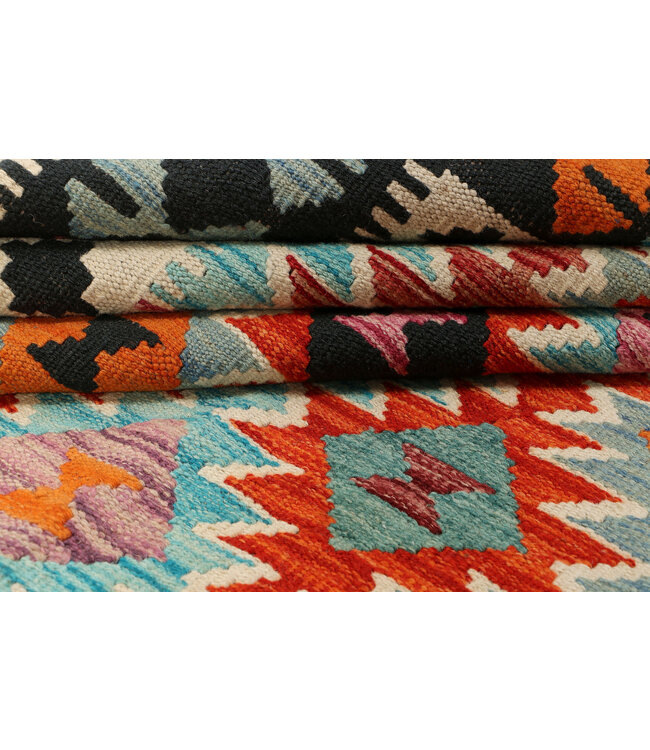 Handgeweven Afghaanse Kilim Vloerkleed – 297x198 cm – Veelkleurig Diamant Tribal Design