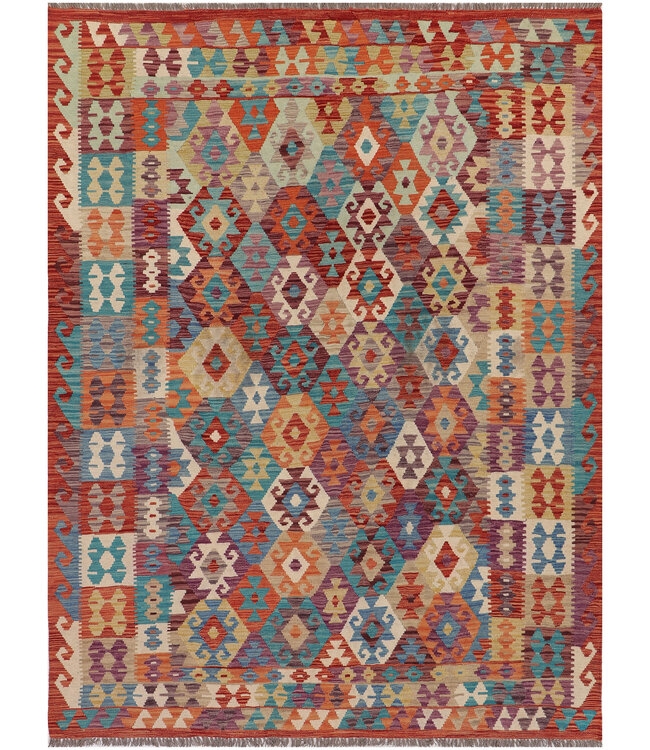 Handgeweven Afghaanse Kilim Vloerkleed – 288x216 cm – Veelkleurig Geometrisch Tribal Design