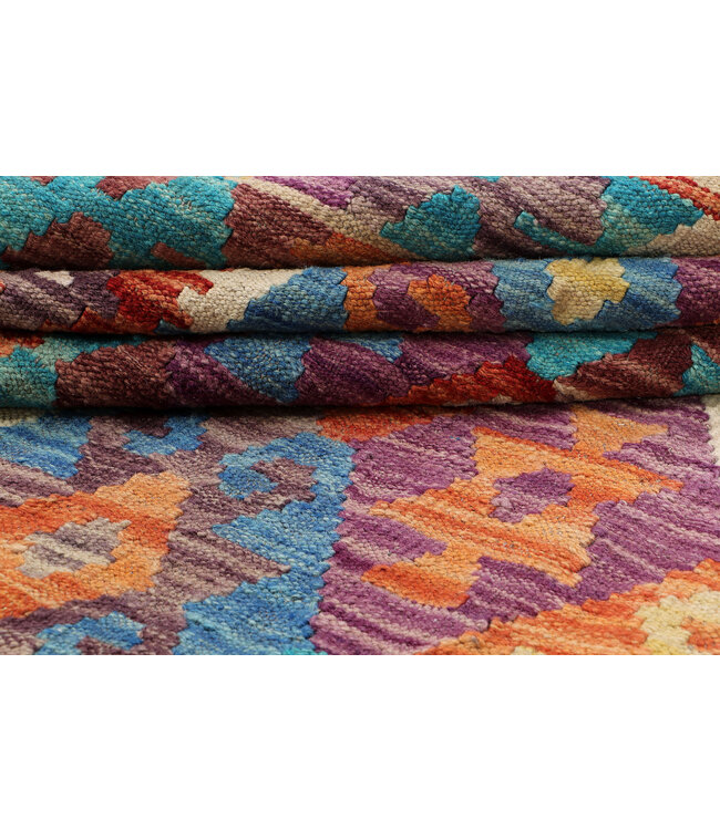Handwoven Afghan Kilim Rug – 288x216 cm – Multicolour Geometric Tribal Design