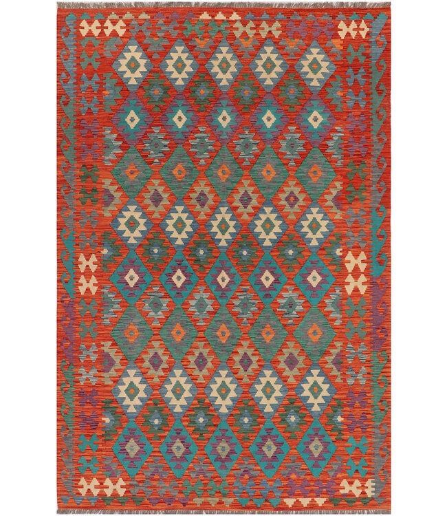 Handgeweven Afghaanse Kilim Vloerkleed – 300x195 cm – Veelkleurig Geometrisch Tribal Design