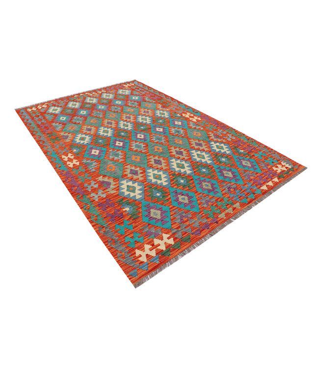Handgeweven Afghaanse Kilim Vloerkleed – 300x195 cm – Veelkleurig Geometrisch Tribal Design