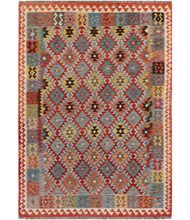 Handwoven Afghan Kilim Rug – 294x212 cm – Multicolour Tribal Geometric Design