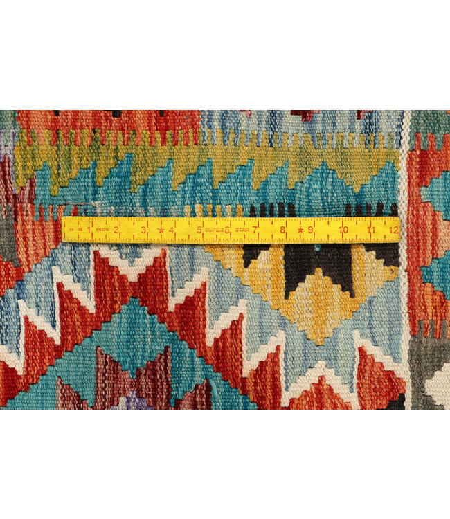 Handwoven Afghan Kilim Rug – 294x212 cm – Multicolour Tribal Geometric Design