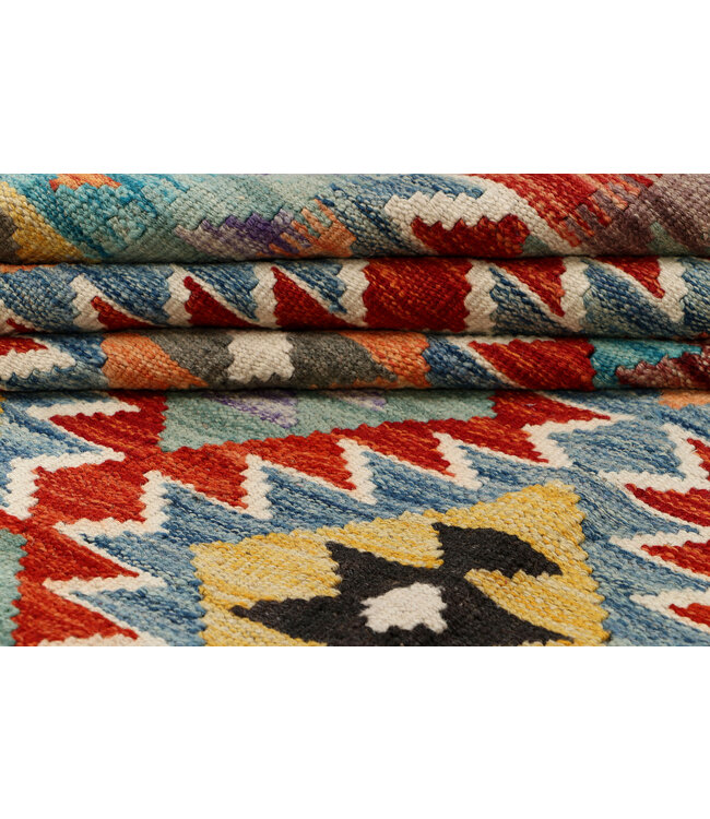 Handgeweven Afghaanse Kilim Vloerkleed – 294x212 cm – Veelkleurig Geometrisch Tribal Design