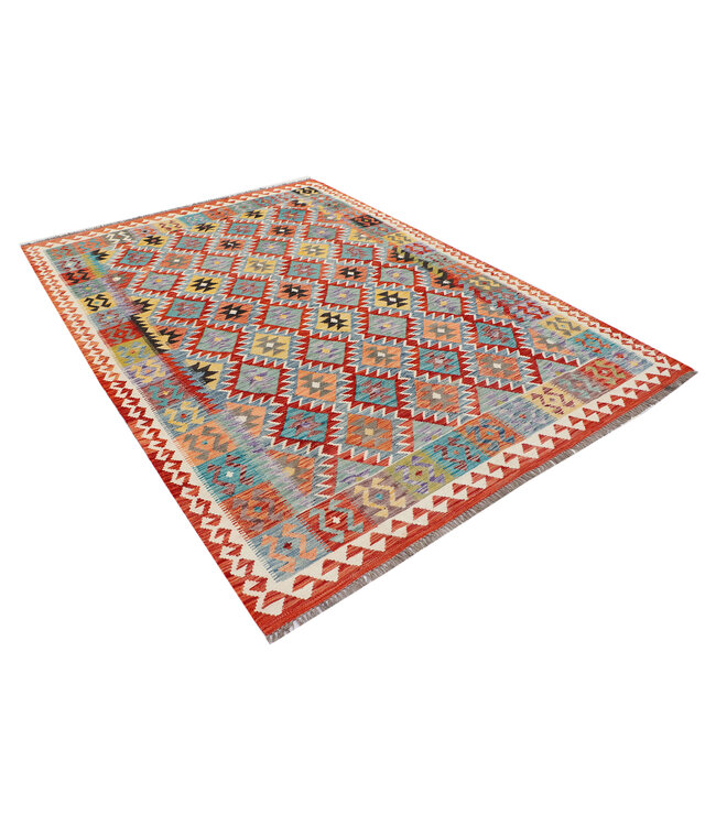 Handgewebter Afghanischer Kilim Teppich – 294x212 cm – Mehrfarbig mit Geometrischem Stammesmuster