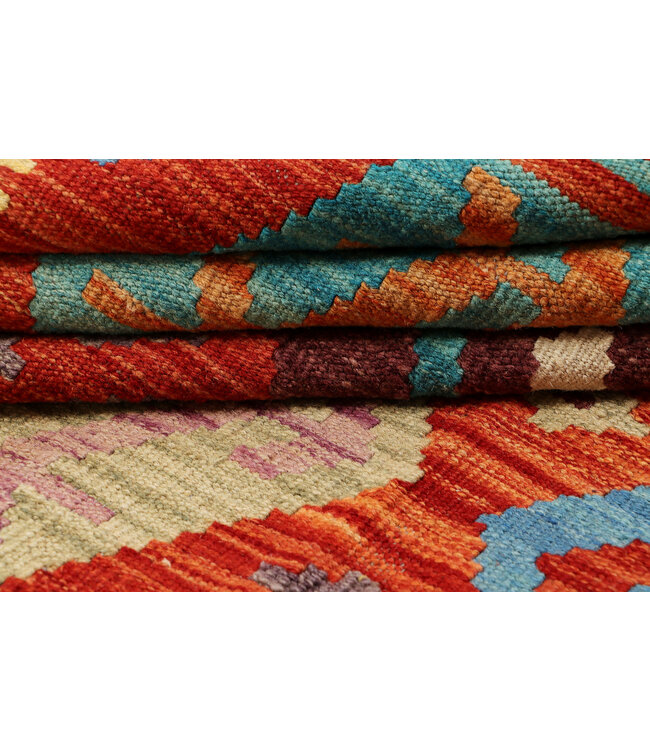 Handgeweven Afghaans Kilim Vloerkleed – 300x204 cm – Rode Basis met Hexagonale Tribale Patronen