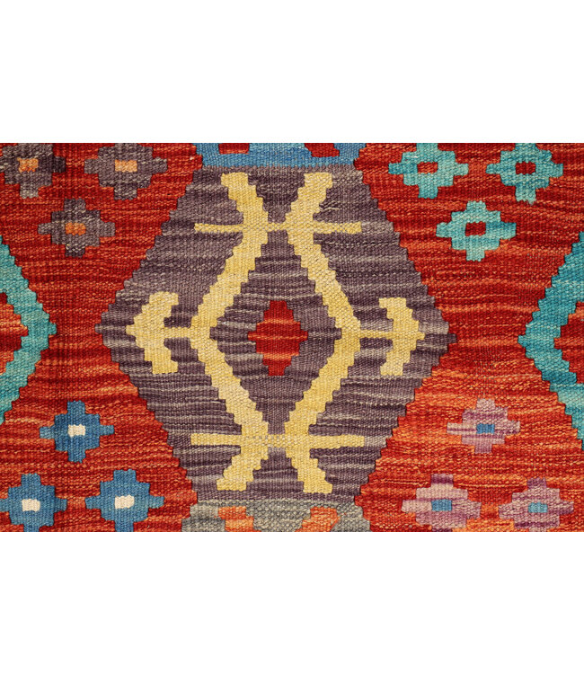 Handwoven Afghan Kilim Rug – 300x204 cm – Red Base with Hexagonal Tribal Patterns