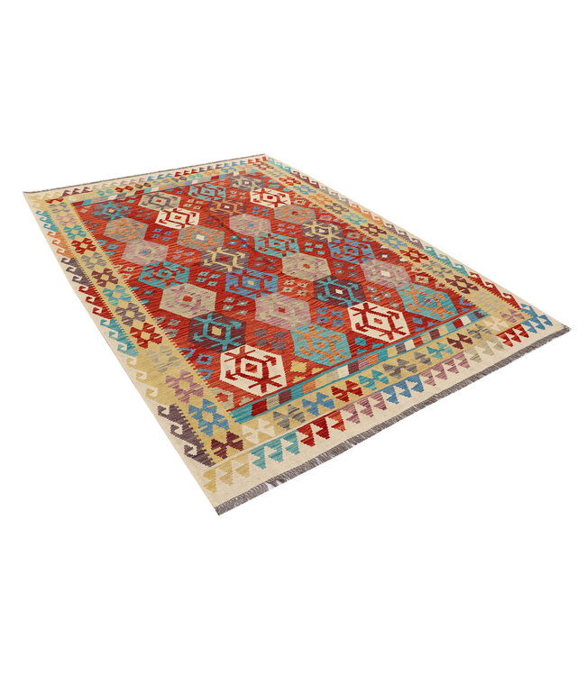 Handwoven Afghan Kilim Rug – 300x204 cm – Red Base with Hexagonal Tribal Patterns