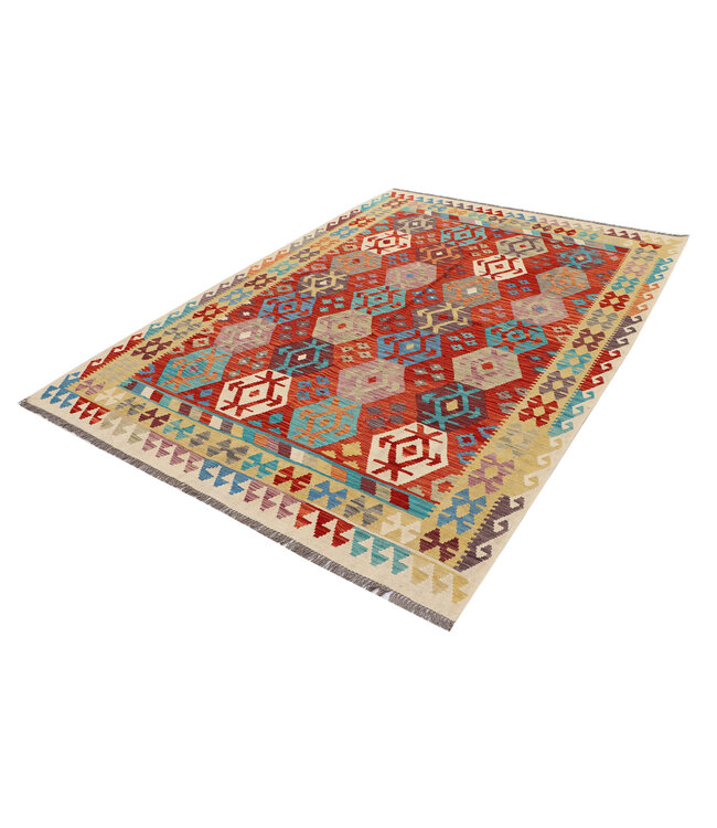 Handgeweven Afghaans Kilim Vloerkleed – 300x204 cm – Rode Basis met Hexagonale Tribale Patronen