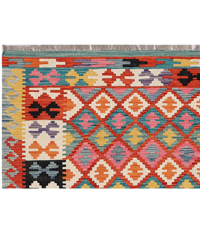 Handgeweven Afghaanse Kelim Tapijt – 290x196 cm – Kleurrijk Geometrisch Design