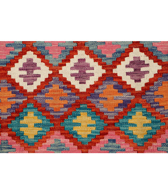 Handgeweven Afghaanse Kelim Tapijt – 290x196 cm – Kleurrijk Geometrisch Design