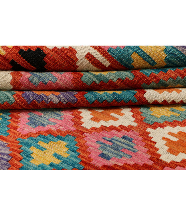 Handgeweven Afghaanse Kelim Tapijt – 290x196 cm – Kleurrijk Geometrisch Design