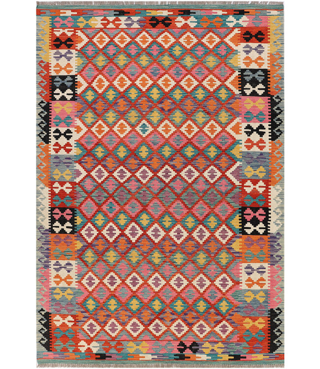 Handwoven Afghan Kilim Rug – 290x196 cm – Colorful Geometric Tribal Design