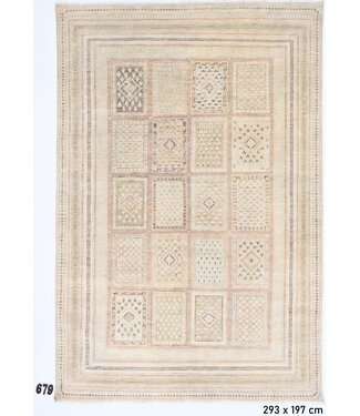 Modern Gabbeh, Beige en Bruin, 293 x 197 cm – Handgeknoopt Wol Tapijt met Geometrisch Patroon Modern Gabbeh, Beige en Bruin, 293 x 197 cm – Handgeknoopt Wol Tapijt met Geometrisch Patroon