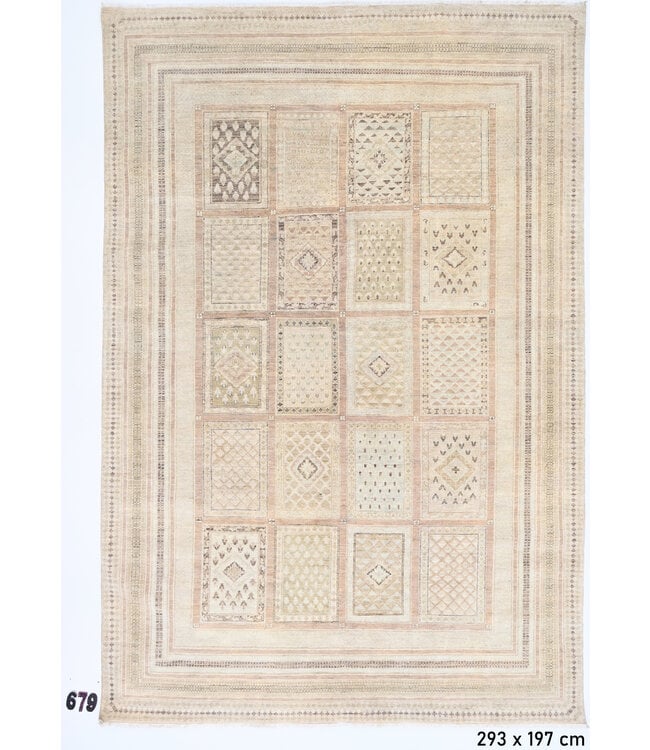 Modern Gabbeh, Beige en Bruin, 293 x 197 cm – Handgeknoopt Wol Tapijt met Geometrisch Patroon