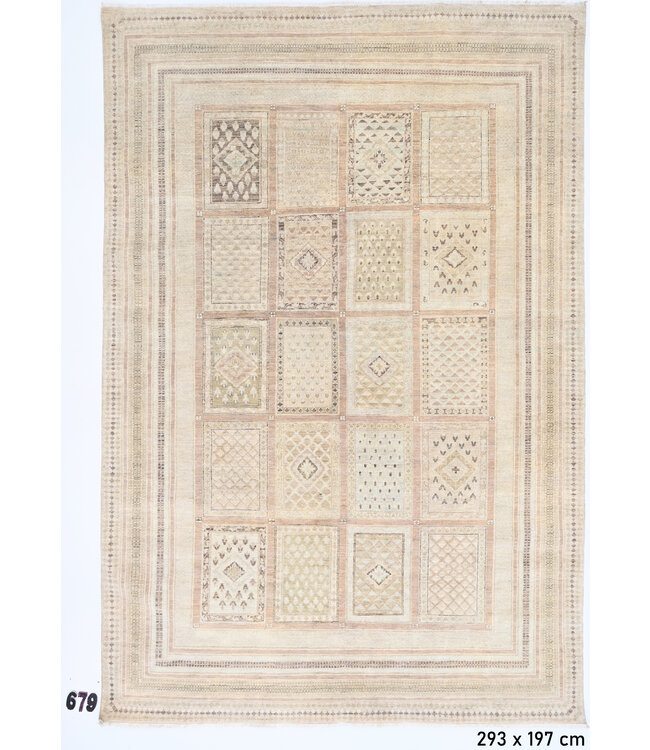 Modern Gabbeh, Beige und Braun, 293 x 197 cm – Handgeknüpfter Wollteppich mit Geometrischem Muster