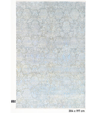 Vintage Ziegler, Blauw en Grijs, 304 x 197 cm – Handgeknoopt Wol Tapijt met Klassiek Patroon