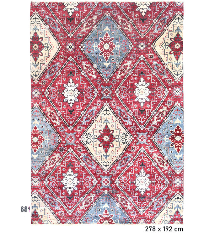 Kazak, Rood en Blauw, 278 x 192 cm – Handgeknoopt Wol Tapijt met Geometrisch Patroon