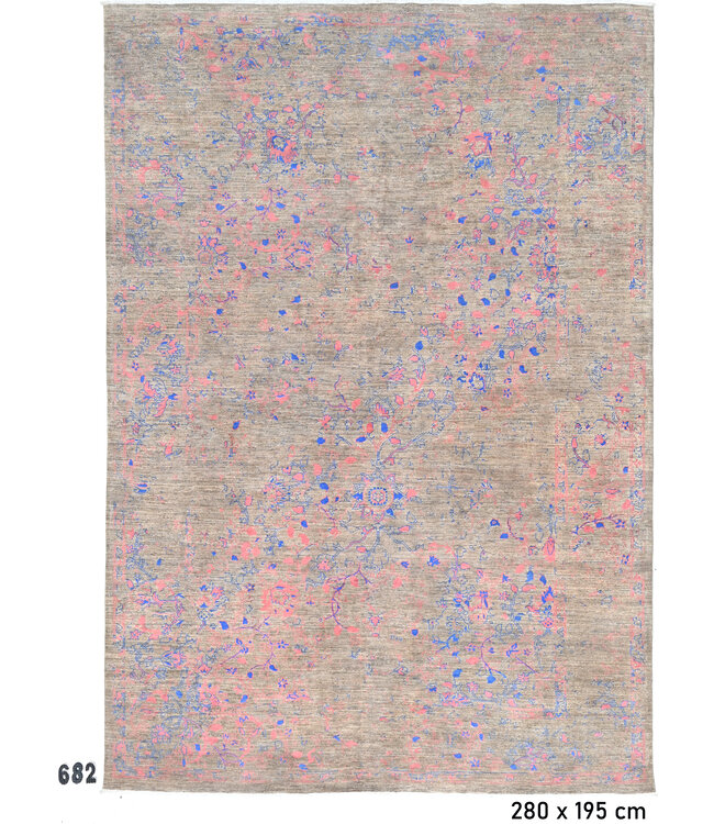 Modern Gabbeh, Grau mit Rosa und Blau, 280 x 195 cm – Handgeknüpfter Wollteppich mit Blumenmuster