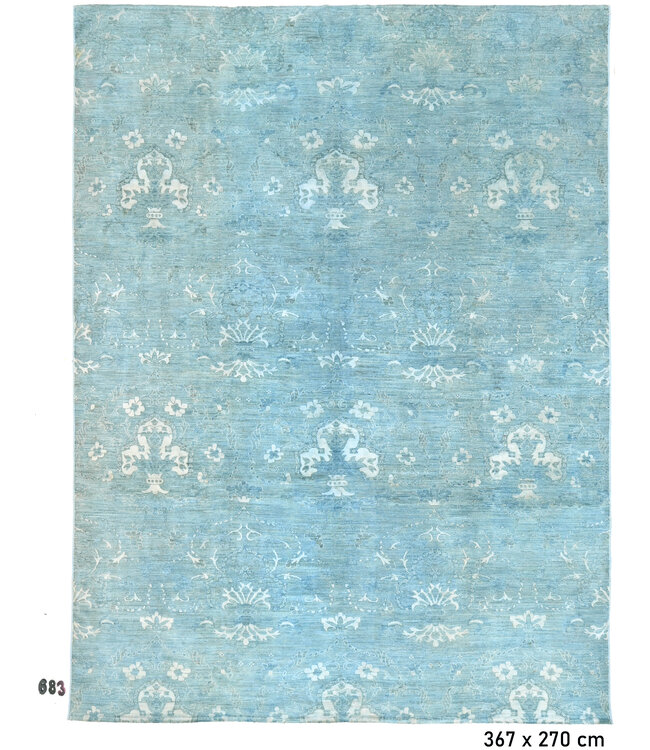 Vintage, Blau und Weiß, 367 x 270 cm – Handgeknüpfter Wollteppich mit Klassischem Muster