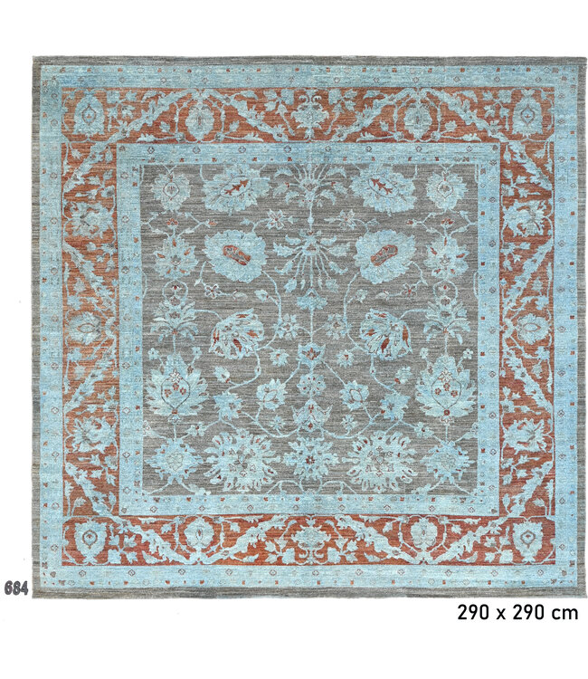 Vintage, Grijs en Blauw met Oranje, 290 x 290 cm – Handgeknoopt Wol Tapijt met Klassiek Patroon