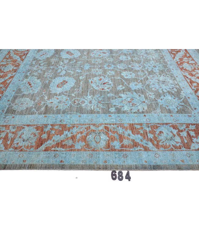 Vintage, Grau und Blau mit Orange, 290 x 290 cm – Handgeknüpfter Wollteppich mit Klassischem Muster