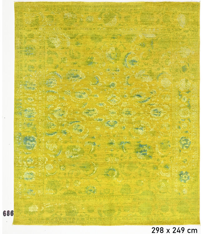 Vintage, Gelb und Blau, 298 x 249 cm – Handgeknüpfter Wollteppich mit Floralen Muster