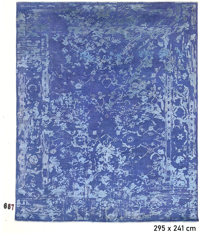 Vintage, Blue and Light Blue, 295 x 241 cm – Hand-Knotted Wool Rug with Floral Motifs