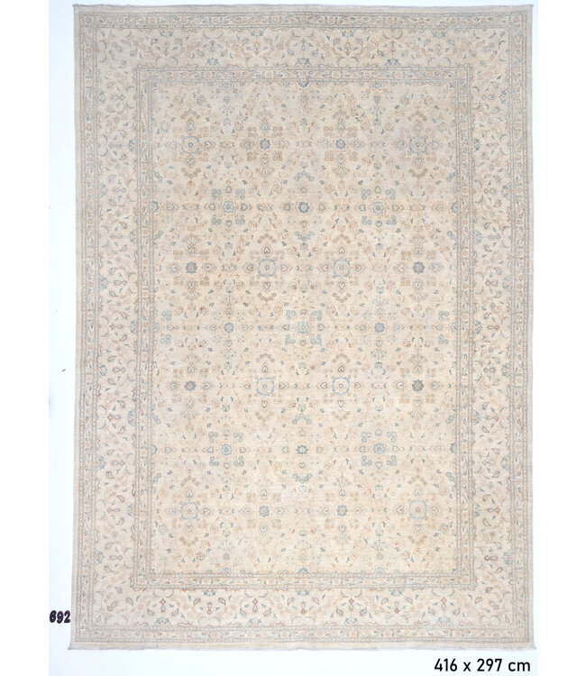 Vintage, Beige und Blau, 416 x 297 cm – Handgeknüpfter Wollteppich mit Klassischem Muster