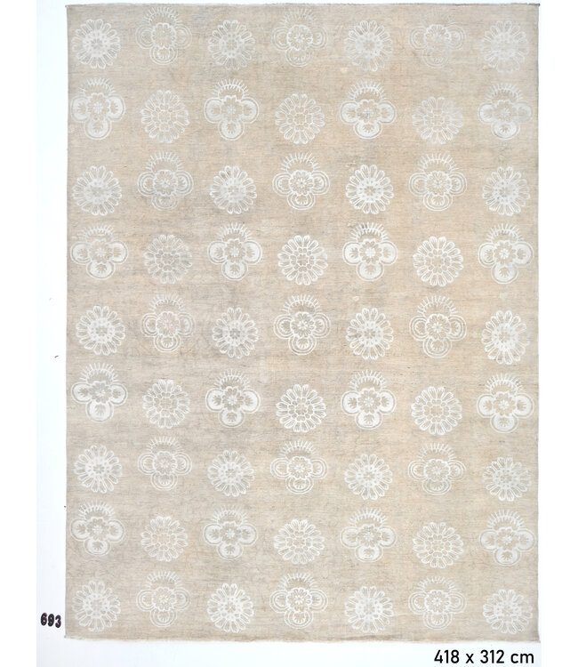 Vintage Beige Handgeknüpfter Wollteppich, 418 x 312 cm, Blumenmuster