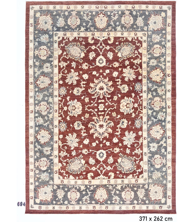 Antieke Rood Wollen Handgeknopen Tapijt, 371 x 262 cm, Bloemenmotief