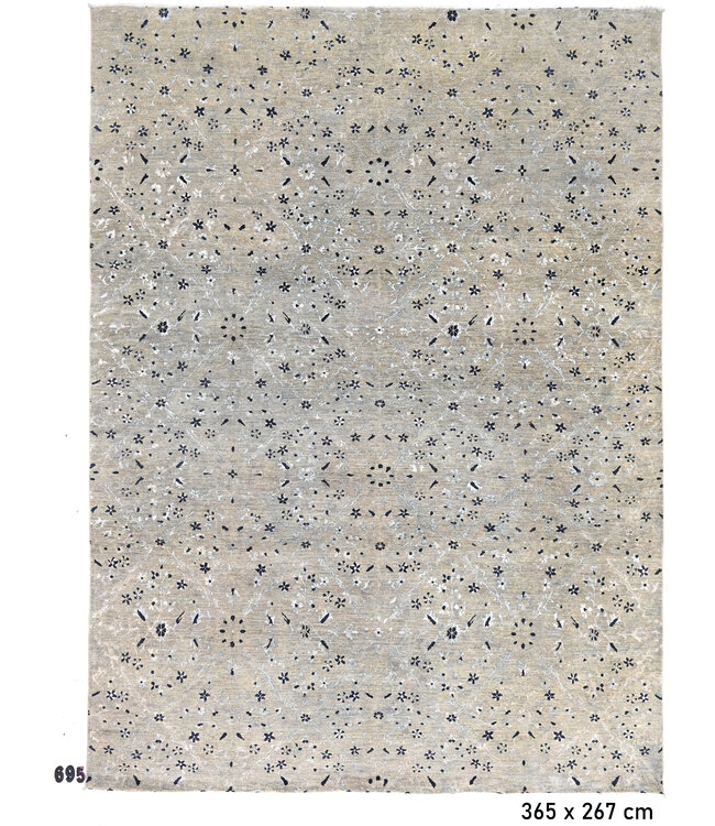 Gabbeh Beige Hand-Knotted Wool Rug, 365 x 267 cm, Floral Pattern