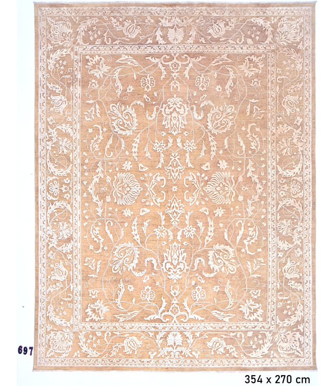 Vintage Beige Wollen Handgeknopen Tapijt, 354 x 270 cm, Ziegler Bloemenpatroon