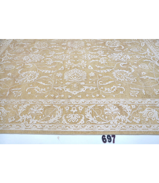 Vintage Beige Wollen Handgeknopen Tapijt, 354 x 270 cm, Ziegler Bloemenpatroon