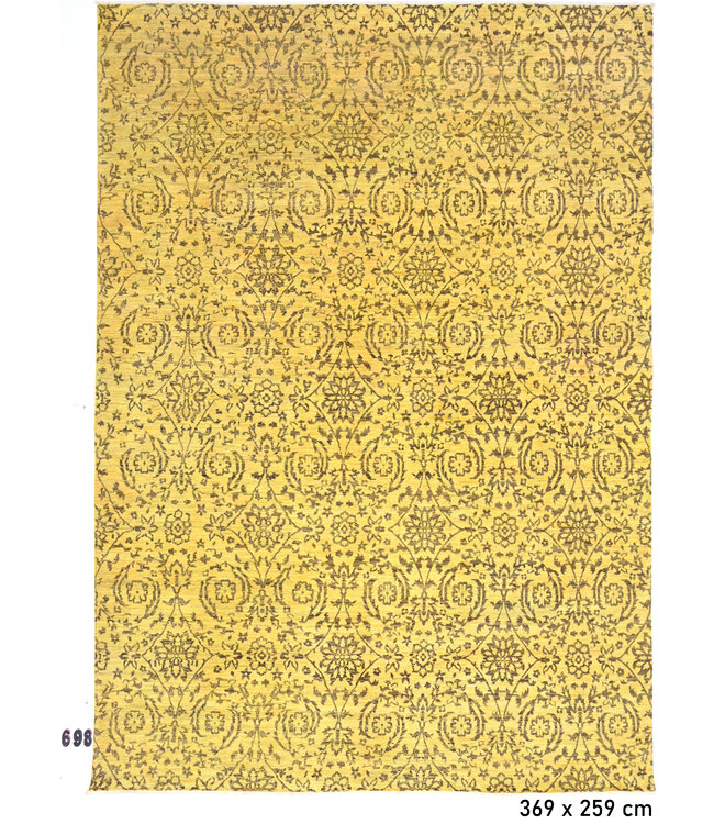 Kazak Gele Wollen Handgeknopen Tapijt, 369 x 259 cm, Bloemenpatroon