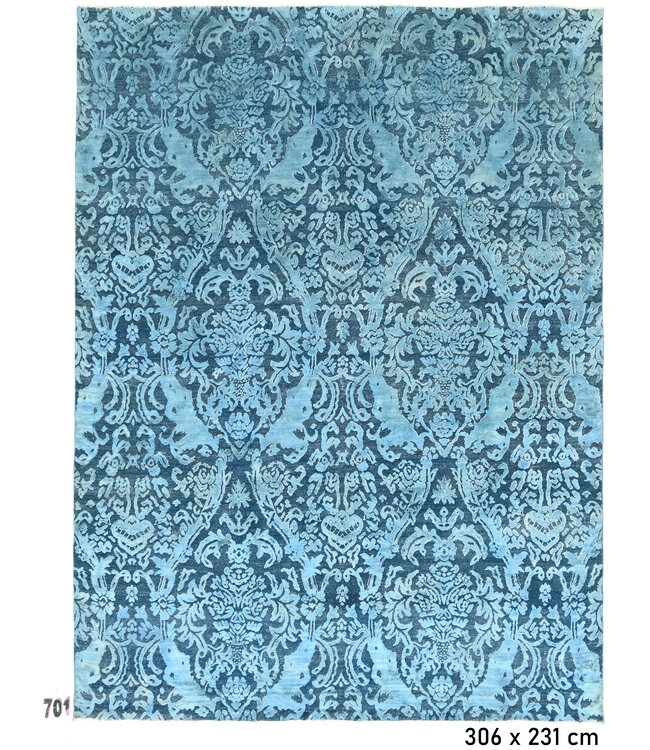Moderner Blauer Handgeknüpfter Wollteppich, 306 x 231 cm, Damast Muster